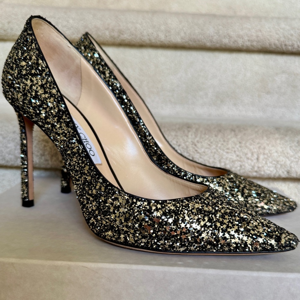 Jimmy Choo Romy 100 Black and Gold Glitter Heels